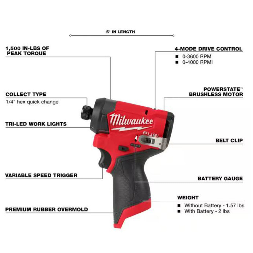 Milwaukee M12 FUEL 1/4 in. Cordless Brushless Impact Driver Tool Only : Milwaukee