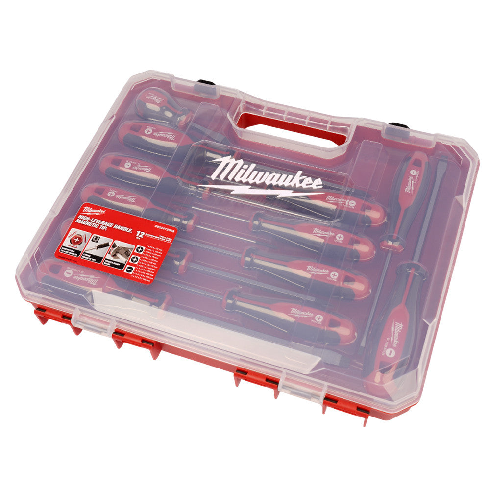 Milwaukee Set of 12 Tri-Lobe Screwdrivers – Ergonomic Anti-Roll Handles with Visible ID Markings, Red, Model 4932472003 (4058546323998-GB)