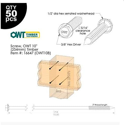 OZCO OWT Timber Screws Heavy Duty Wood-to-Wood Fasteners with Built-in Washer, Hex Head, No Pre-Drilling Required