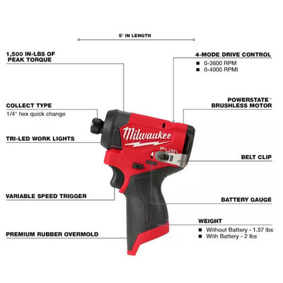 Milwaukee M12 FUEL 1/4 in. Cordless Brushless Impact Driver Tool Only : Milwaukee