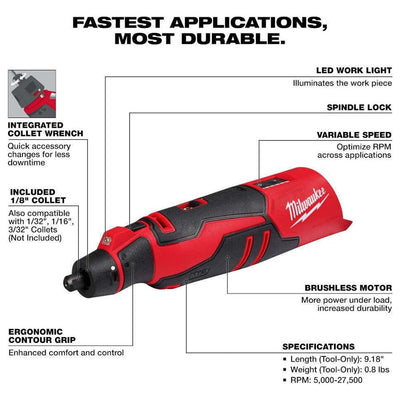 Milwaukee 2525-20 M12 12V Li-Ion Cordless Brushless Rotary Tool - Bare Tools : Milwaukee