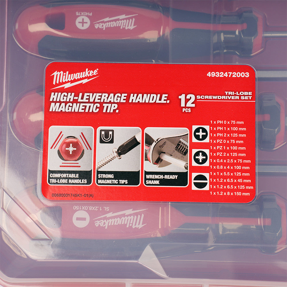 Milwaukee Set of 12 Tri-Lobe Screwdrivers – Ergonomic Anti-Roll Handles with Visible ID Markings, Red, Model 4932472003 (4058546323998-GB)
