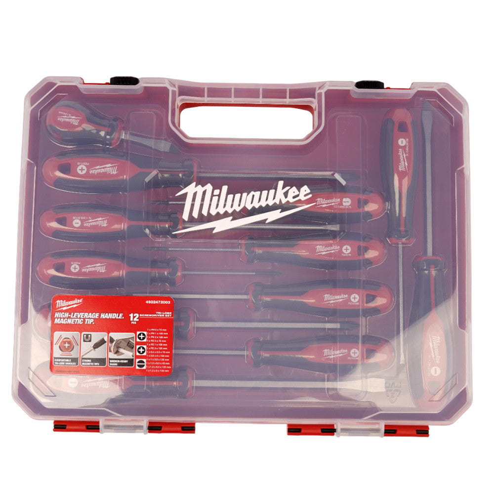 Milwaukee Set of 12 Tri-Lobe Screwdrivers – Ergonomic Anti-Roll Handles with Visible ID Markings, Red, Model 4932472003