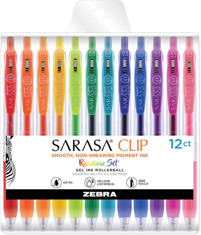 Zebra Sarasa Clip Gel Pens, 0.5mm Fine Point, Rainbow Assorted Colors, 12-Count Pack - Retractable, Smooth Writing Pens