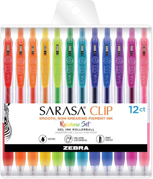 Zebra Sarasa Clip Gel Pens, 0.5mm Fine Point, Rainbow Assorted Colors, 12-Count Pack - Retractable, Smooth Writing Pens