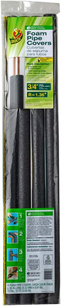 Duck Brand Foam Pipe Insulation Covers, 3/4-Inch x 3-Feet, Self-Sealing, Pack of 4, 1285241
